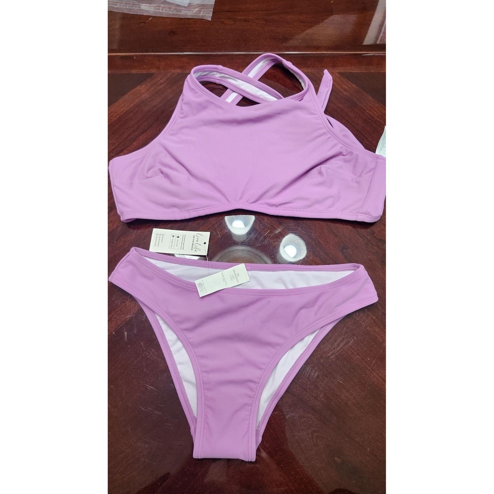 Cupshe Bikini Womens XS Purple High Neck Wide Strap Lined Stretch Swim 2pc‎
